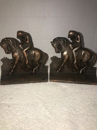 Vintage Bookends - Lady Godiva On Horse Cast Metal Bronze Brass Heavy