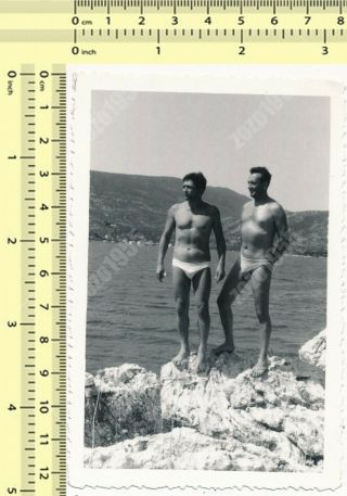 Two Beefcake Shirtless Man Trunks Beefcake Gay Interest Bulge Males Beach Photo