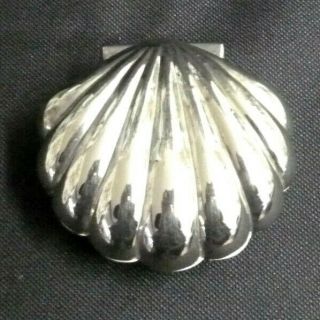 Vintage Silver Plated Scallop Shell Trinket Jewelry Box Blue Velvet Lined