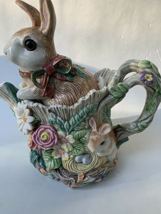 Fitz And Floyd Woodland Spring Teapot Bunnies,  Flowers & Butterflies