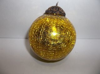 Vintage Kugel Christmas Tree Ornament Yellow Crackle Glass 2.  5 "