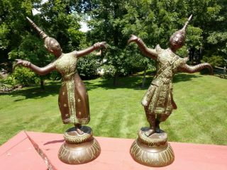 Thai Temple Dancing Angels Pair Male Female Brass? Bronze? Statue Art Figurine