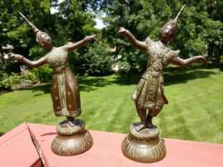 Thai Temple Dancing Angels Pair Male Female Brass? Bronze? Statue Art Figurine 2