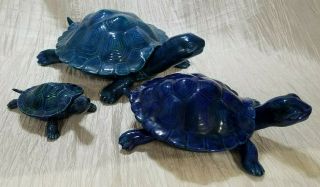 Rare Vintage Set Of 3 Blue/blue Green Covered Turtle Trinket Dishes,  Circa 1960s