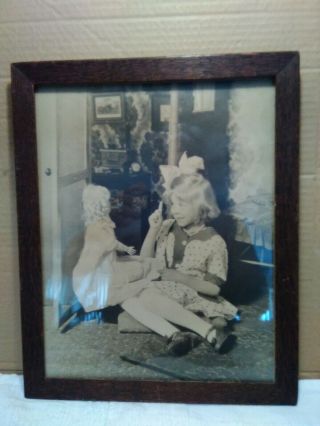 1958 11 " X 14 " Photo Young Girl & Doll.  Orig Wood Frame.  Adorable