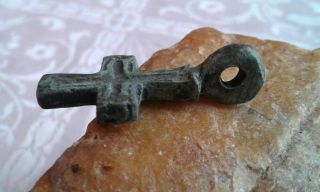 Medieval 10 - 13th Century Viking - Age Bronze Hand - Carved Cross Pendant
