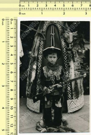 Boy In Cowboy Costume In Front Of Wigwam,  Kid With Toy Rifle Old Photo