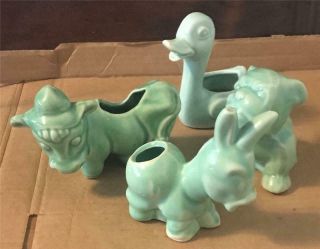 4 Small Vintage Green Ceramic / Pottery Animal Planters 4 " To 5 " Tall