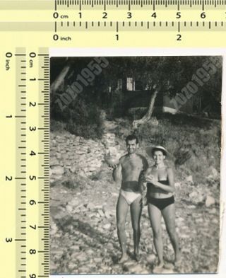 Couple On Beach,  Bikini Woman W Hat & Shirtless Man In Trunks Old Photo