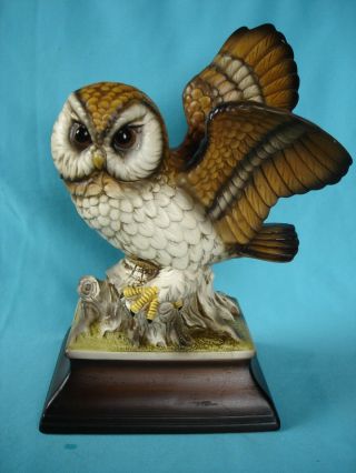 Vintage Porcelain Owl Figurine Perched On Stump With Swinging Wings Marked Japan