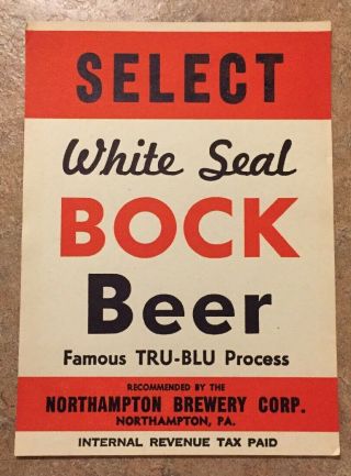 Tru Blu White Seal Select Bock Beer Keg Label Northampton Pa