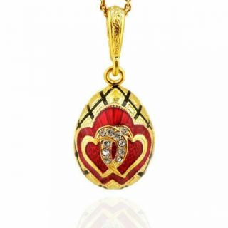 Hearts Faberge Design Egg Pendant Sterling Silver 925 18kt Gold Finish