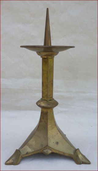 French Gothic Altar Candlestick Bronze Tripode Base 1880