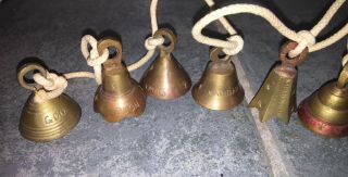 Vtg 6 Multi - Lingual Brass Christmas Bells On Rope Door Entry Jingle Patina