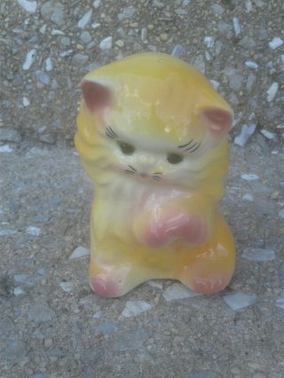 Vintage Kitty Cat Ceramic Planter 4.  5 " Tall Yellow And Purple 16