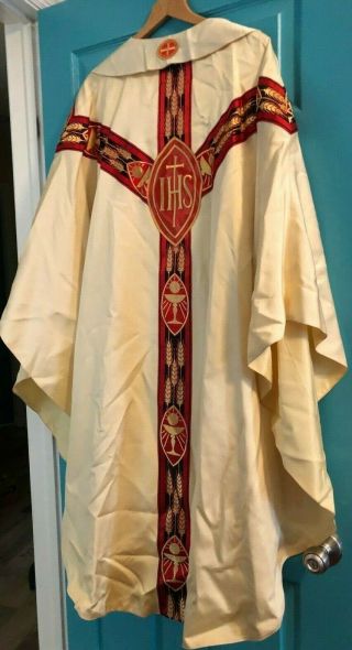 Vintage Catholic Priests Ivory Red Gold Black Chasuble & Stole