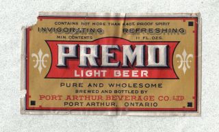 Beer Label - Canada - Premo Light Beer - Port Arthur Beverage Co.  Ltd.  - Ontario
