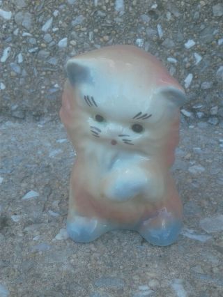 Vintage Kitty Cat Ceramic Planter 4.  5 " Tall Light Brown Baby Blue 4