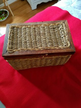 Vintage Wicker Basket Chest Storage Trunk Leather Handles Metal Clasp 12 By 7 By
