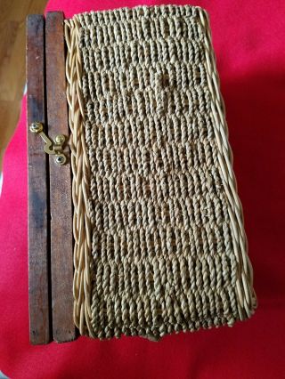 Vintage Wicker Basket Chest Storage Trunk Leather Handles Metal Clasp 12 by 7 by 3