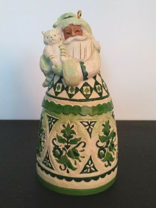 Jim Shore Green Quilted Pattern Santa Holding Kitten Christmas Ornament Bell