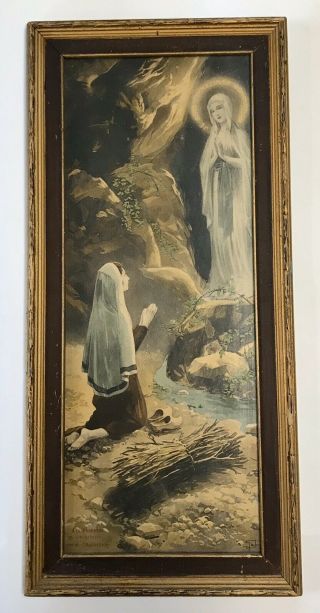 Antique Our Lady Of Lourdes Apparition Bernadette Wood Framed Print Gold Frame