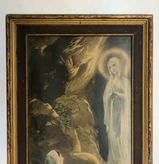 Antique Our Lady of Lourdes Apparition Bernadette Wood FRAMED Print Gold Frame 3