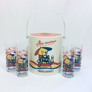 Spuds Mackenzie Bud Light Beach Party Animal Ice Bucket With 4 Glasses Budweiser
