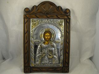 Greek Orthodox 950 Silver Icon On Wood Panel