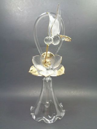 Vintage 1960s Hand Blown Clear Art Glass Bell Hummingbird On Flower Gold Accents