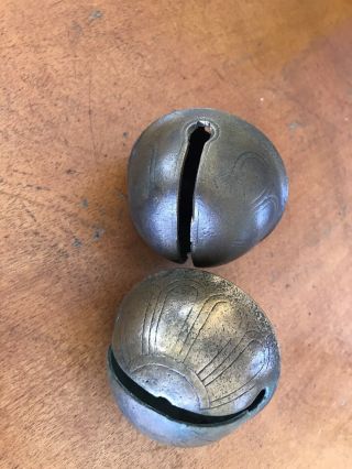 2 Vintage 13 (2 3/4 ") Antique Sleigh Bell In Old Patina Sound.  Some Damage