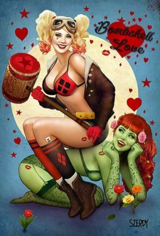 Nathan Szerdy Signed Art Print Bombshells Harley Quinn & Poison Ivy,  2