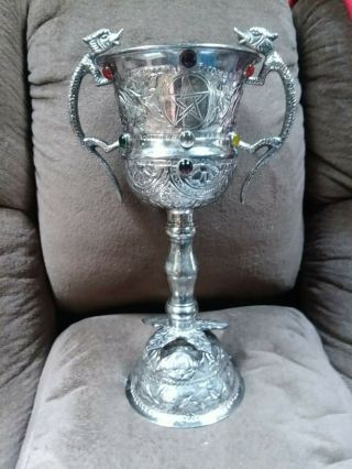 Silver Plated Ceremonial Dragon Chalice With Pentacle Design And Stones