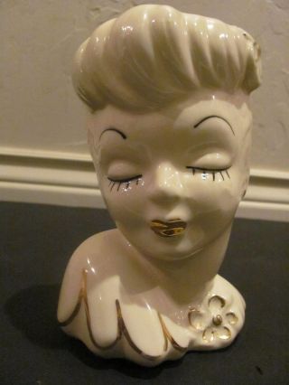 Vintage 6 1/2 " Ceramic White & Gold Glamour Girl Head Vase