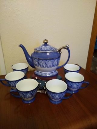 Bombay Blue & White Tile Tea Set Teapot W/lid 6 Cup Platinum Trim Porcelain
