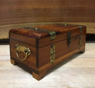 Vintage Brass Adorned Cedar Wood Trinket Box Jewelry Chest Dovetail Corners