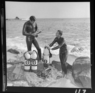 Vtg 1960 Photo Film Negative Beach Guys Scuba Diver Gear Wetsuits Aqua Lung 1