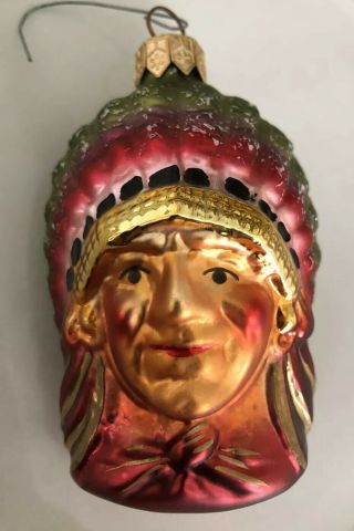 Vintage Christopher Radko Injun Joe Indian Chief W/ Headdress Glass Ornament