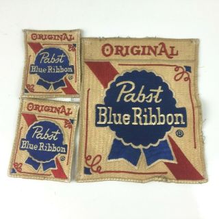 3 Vintage Pabst Blue Ribbon Beer Sew On Cloth Patches Large And Small
