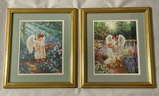 2 Home & Garden Party Lovely Angels W/deer&ducks Framed Pictures 14 1/2 X 12 1/2