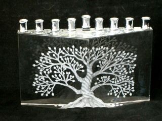 Jewish Hand Etched " Tree Of Life " Heavy Crystal Menorah Hanukkah