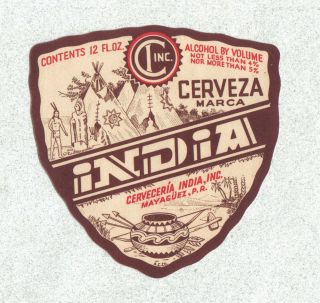 Beer Label - Puerto Rico - Cerveza India 12 Oz - Mayaguez