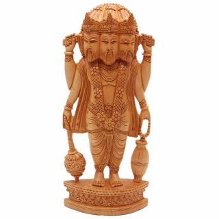 Wooden Brahma Statue For Home Indian Hindu God Handmade Unique Art Fine 10 Inch