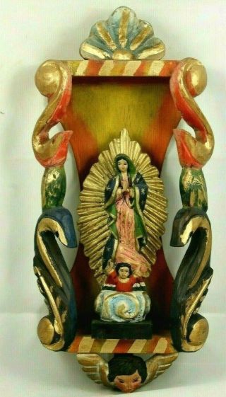 Wood Reliquary W Wood Our Lady Of Guadalupe Religious Mexican Folk Art Colorful