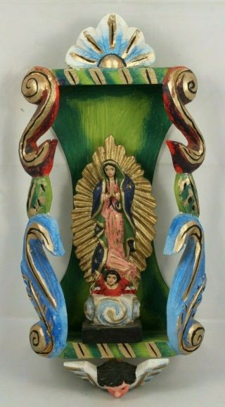 Wood Reliquary W Wood Our Lady Of Guadalupe Religious Mexican Folk Art Angel 2