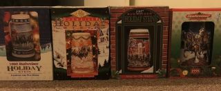 Set Of 4 Vintage Budweiser Holiday Beer Steins (1995 - 1998)