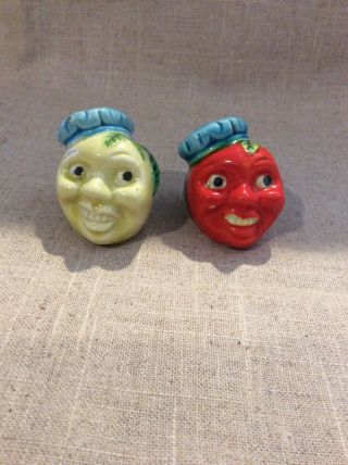 Vintage Vegetable Anthropomorphic Salt & Pepper Shakers With Faces