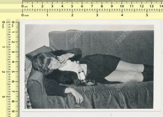 Drunk Woman Laying On Couch,  Lady Drinking And Smoking Old Photo