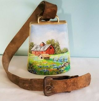 Vintage Authentic Heavy Metal Cow Bell With Hand Painted Pastoral Farm Scene