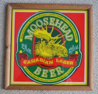 Vintage Moosehead Beer Canadian Lager Sign,  On Glass W.  Wood Frame,  13 " X 13 "